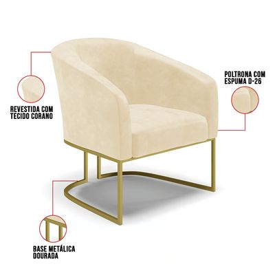 Poltrona Sala Decorativa Kit 2 Stella Base Industrial Dourada Sintético PU Bege D03 - D'Rossi