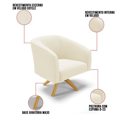 Poltrona Decorativa Kit 2 Stella Base de Madeira Giratória MA30 Veludo Cotelê Bege D03 - D'Rossi