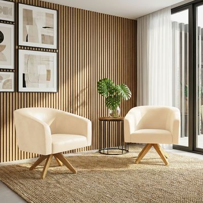 Poltrona Decorativa Kit 2 Stella Base de Madeira Giratória MA30 Sintético PU Bege D03 - D'Rossi
