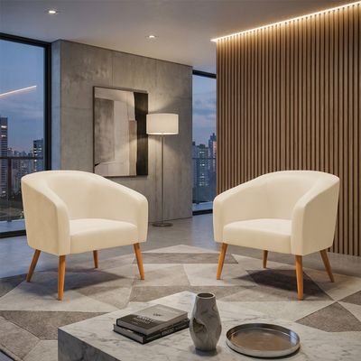 Poltrona Sala Decorativa Kit 2 Stella Pé Palito Castanho Sintético PU Bege D03 - D'Rossi