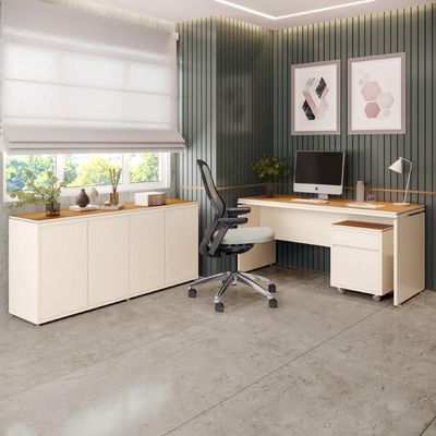 Conjunto De Escritório Office 3 Peças Mesa Gaveteiro Balcão - Off White E Cedro Off White E Cedro