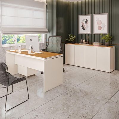 Conjunto De Escritório Office 3 Peças Mesa Gaveteiro Balcão - Off White E Cedro Off White E Cedro