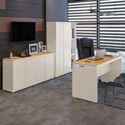 Conjunto De Escritório Office 3 Peças Mesa Balcão Armário Tu - Off White E Cedro Off White E Cedro