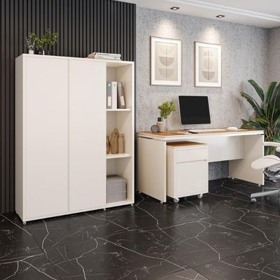 Conjunto De Escritório Office 3 Peças Mesa Gaveteiro Armário - Off White E Cedro Off White E Cedro