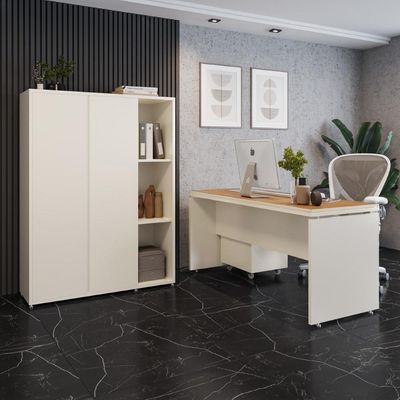 Conjunto De Escritório Office 3 Peças Mesa Gaveteiro Armário - Off White E Cedro Off White E Cedro