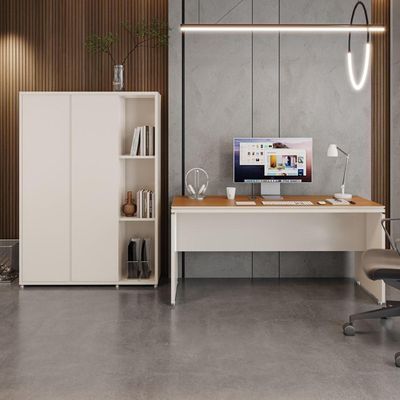 Conjunto De Escritório Office 2 Peças Mesa Armário Alto Tund - Off White E Cedro Off White E Cedro