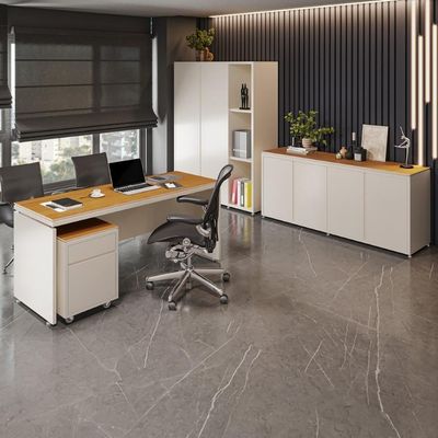 Conjunto De Escritório Office 4 Peças Mesa Gaveteiro Balcão - Off White E Cedro Off White E Cedro