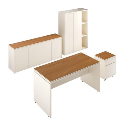 Conjunto De Escritório Office 4 Peças Mesa Gaveteiro Balcão - Off White E Cedro Off White E Cedro