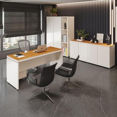 Conjunto De Escritório Office 4 Peças Mesa Gaveteiro Balcão - Off White E Cedro Off White E Cedro
