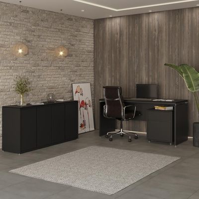 Conjunto De Escritório Office 3 Peças Mesa Gaveteiro Balcão - Preto Preto