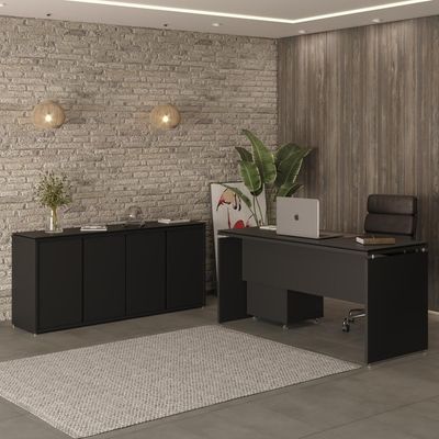Conjunto De Escritório Office 3 Peças Mesa Gaveteiro Balcão - Preto Preto