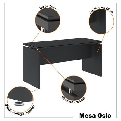 Conjunto De Escritório 2 Peças Mesa Gaveteiro 2 Gavetas Tund - Preto Preto