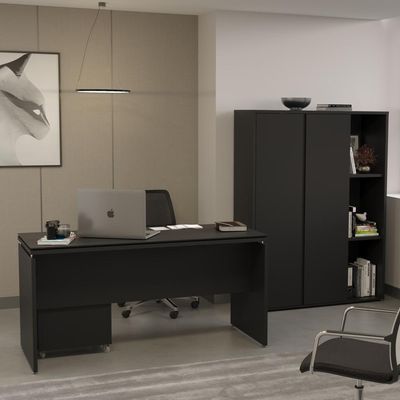 Conjunto De Escritório Office 3 Peças Mesa Gaveteiro Armário - Preto Preto