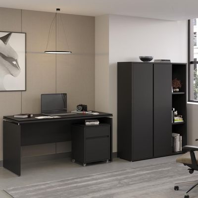 Conjunto De Escritório Office 3 Peças Mesa Gaveteiro Armário - Preto Preto