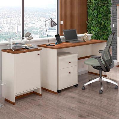 Conjunto Escritório 3 Peças - Mesa Gaveteiro E Balcão Verben - Offwhite/ Offwhite/
