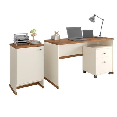Conjunto Escritório 3 Peças - Mesa Gaveteiro E Balcão Verben - Offwhite/ Offwhite/
