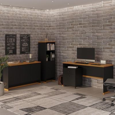 Conjunto Escritório Office 4 Peças Mesa Gaveteiro Armário Bu - Preto E Preto E
