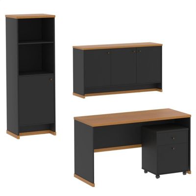 Conjunto Escritório Office 4 Peças Mesa Gaveteiro Armário Bu - Preto E Preto E