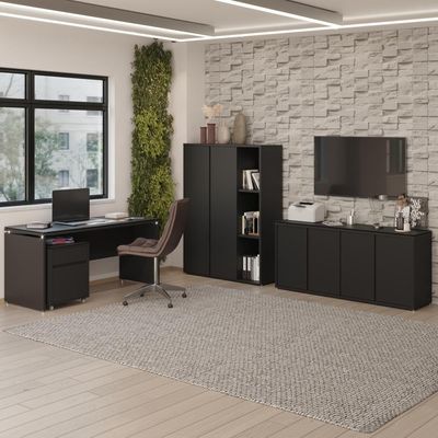 Conjunto De Escritório Office 4 Peças Mesa Gaveteiro Balcão - Preto Preto