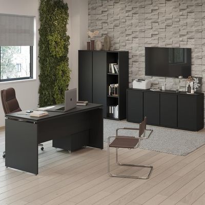 Conjunto De Escritório Office 4 Peças Mesa Gaveteiro Balcão - Preto Preto