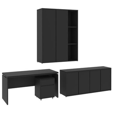 Conjunto De Escritório Office 4 Peças Mesa Gaveteiro Balcão - Preto Preto