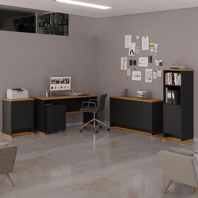 Conjunto Escritório Office Escrivaninha Balcões Gaveteiro Ve - Preto/ Preto/