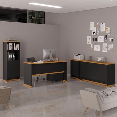 Conjunto Escritório Office Escrivaninha Balcões Gaveteiro Ve - Preto/ Preto/