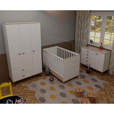 Quarto Infantil Completo Ternura Guarda-Roupa 3 Portas Cômoda 5 Gavetas Berço Conversível Bartira Branco Wood