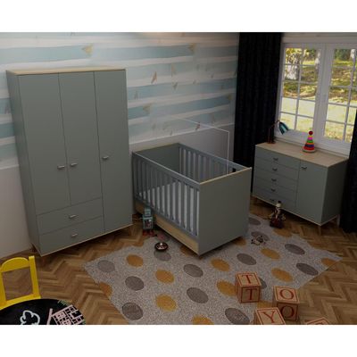 Quarto Infantil Completo Ternura Guarda-Roupa 3 Portas Cômoda 5 Gavetas Berço Conversível Bartira Azul Wood