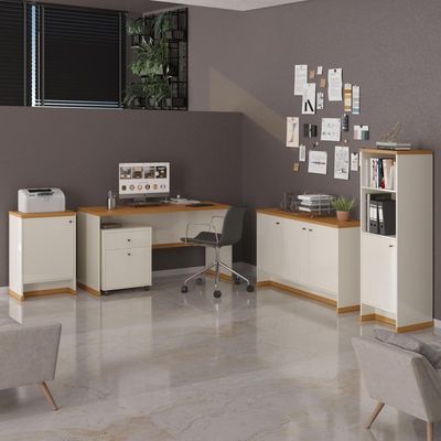 Conjunto Escritório Office Escrivaninha Balcões Gaveteiro Ve - Off White/ Off White/