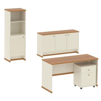 Conjunto Escritório Office 4 Peças Mesa Gaveteiro Armário Bu - Off White E Off White E