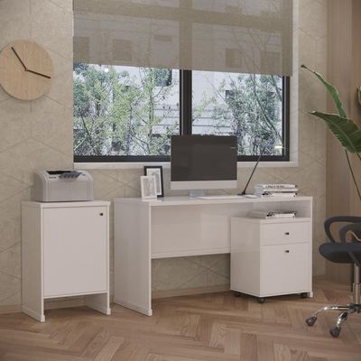 Conjunto Escritório 3 Peças - Mesa Gaveteiro E Balcão Verben - Branco Branco
