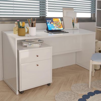 Conjunto Escritório 2 Peças - Mesa E Gaveteiro Verbena Viano - Branco Branco