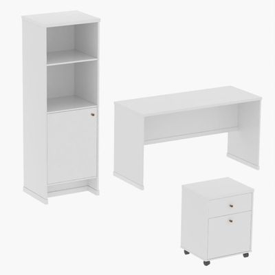 Conjunto Escritório 3 Peças - Mesa Armário E Gaveteiro Verbe - Branco Branco
