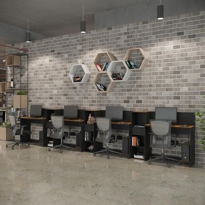 Conjunto De Escritório Tech 3 Livreiro E 4 Mesas 90cm - Vian - Preto E Cedro Preto E Cedro