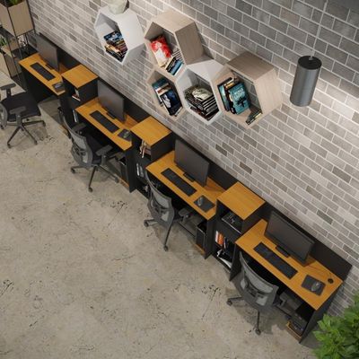 Conjunto De Escritório Tech 3 Livreiro E 4 Mesas 90cm - Vian - Preto E Cedro Preto E Cedro