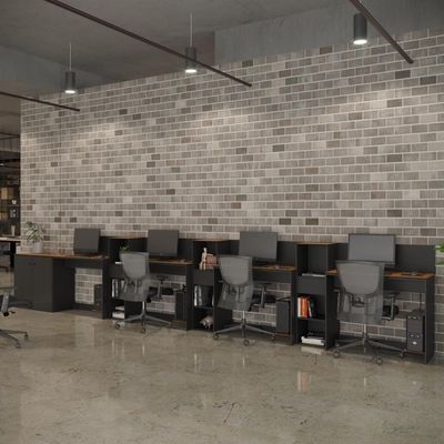 Conjunto De Escritório Tech 3 Livreiro 1 Buffet E 4 Mesas 90 - Preto E Cedro Preto E Cedro