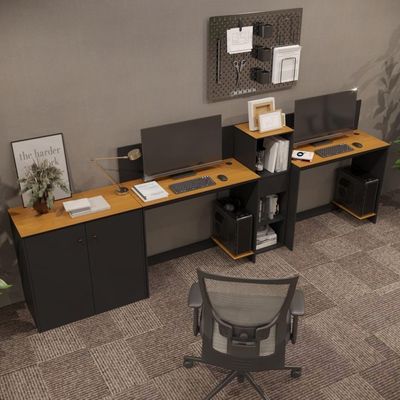 Conjunto De Escritório Tech 1 Livreiro 1 Buffet E 2 Mesas 90 - Preto E Cedro Preto E Cedro