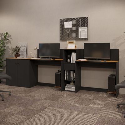 Conjunto De Escritório Tech 1 Livreiro 1 Buffet E 2 Mesas 90 - Preto E Cedro Preto E Cedro