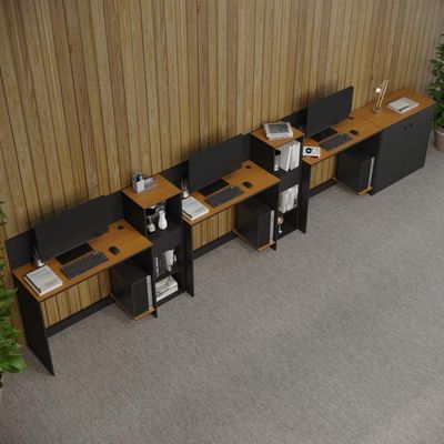 Conjunto De Escritório Tech 2 Livreiro 1 Buffet E 3 Mesas 90 - Preto E Cedro Preto E Cedro