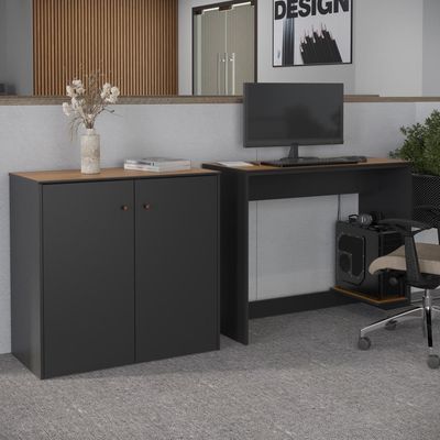 Conjunto De Escritório 2 Peças Tech Office Mesa E Aparador B - Preto E Cedro Preto E Cedro