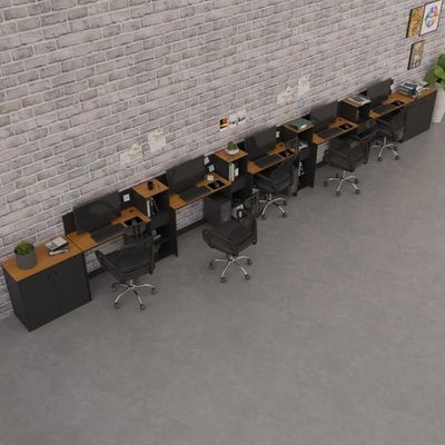 Conjunto De Escritório Tech 4 Livreiro 2 Buffet E 5 Mesas 90 - Preto E Cedro Preto E Cedro