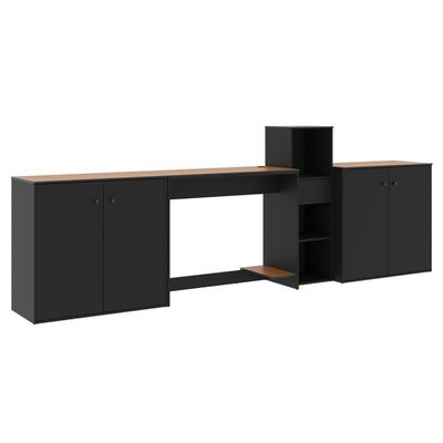 Conjunto De Escritório 4 Peças Tech Office Mesa Livreiro E 2 - Preto E Cedro Preto E Cedro