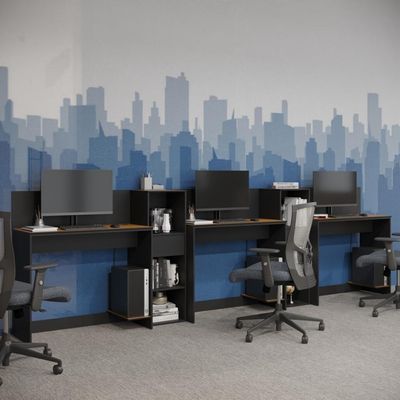 Conjunto De Escritório Tech 2 Livreiro E 3 Mesas 90cm - Vian - Preto E Cedro Preto E Cedro