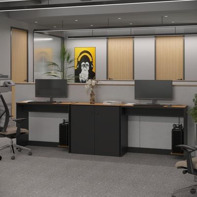 Conjunto De Escritório 3 Peças Tech Office 2 Mesas E 1 Apara - Preto E Cedro Preto E Cedro
