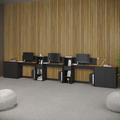 Conjunto De Escritório Tech 2 Livreiro 2 Buffet E 3 Mesas 90 - Preto E Cedro Preto E Cedro