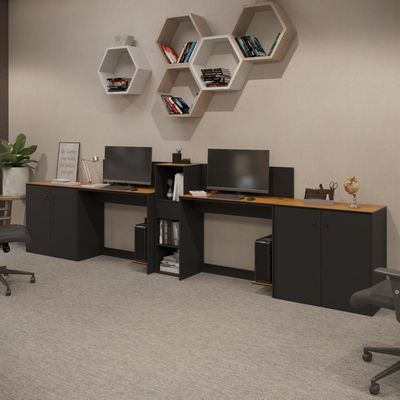 Conjunto De Escritório Tech 1 Livreiro 2 Buffet E 2 Mesas 90 - Preto E Cedro Preto E Cedro