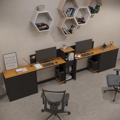 Conjunto De Escritório Tech 1 Livreiro 2 Buffet E 2 Mesas 90 - Preto E Cedro Preto E Cedro