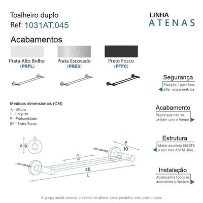 Porta Toalha Toalheiro Duplo Para Banheiro Alto Brilho Atenas 45cm