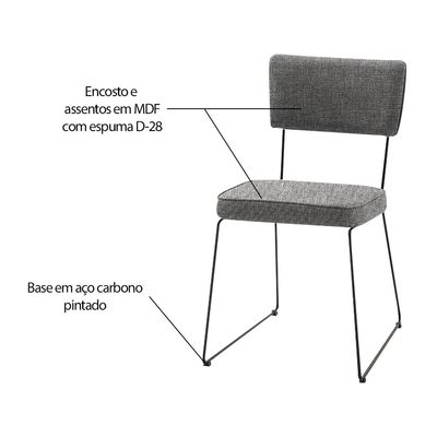 Kit 4 Cadeiras de Jantar Decorativa Base Aço Preto Luigi Linho Cinza - Gran Belo
